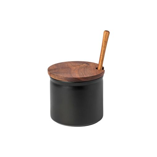 Pot à olives en Grès avec couvercle et cuillère en Acacia VERSATILE 68cl Ø127xh116mm Noir et marron - Henri Julien
